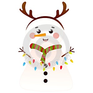 Cute snowman with reindeer headband holding christmas lights garland in cartoon style, isolated on white background