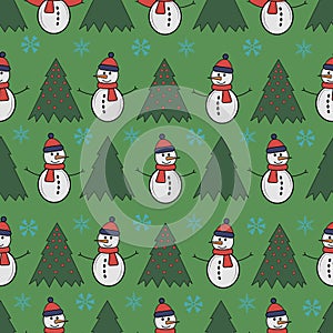 Cute snowman seamless pattern. Cute cartoon character. Snowman, yolka and falling snow.White background. Vector