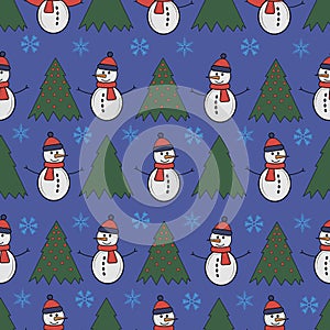 Cute snowman seamless pattern. Cute cartoon character. Snowman, yolka and falling snow.White background. Vector