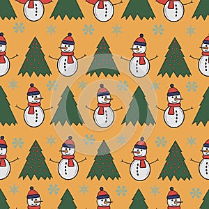 Cute snowman seamless pattern. Cute cartoon character. Snowman, yolka and falling snow.White background. Vector