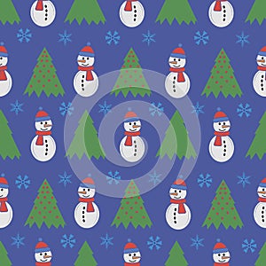 Cute snowman seamless pattern. Cute cartoon character. Snowman, yolka and falling snow.White background. Vector