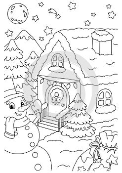 A cute snowman stands at the Christmas house. Coloring book page for kids. Cartoon style character. Vector illustration isolated