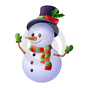 Cute snowman with top hat, scarf, emotional happy face in cartoon style isolated on white background. Christmas