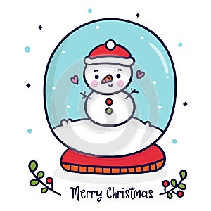 Cute Snowman vector in globe ball Christmas Character merry x mas: Kawaii cartoon winter doodle style, nursery dÃ©cor, Happy New y