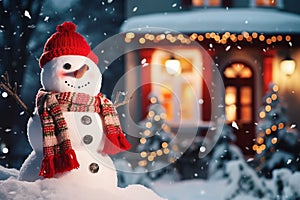 Cute snowman wearing red hat and scarf in front of house decorated for Christmas
