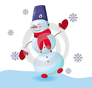 Cute snowman on a white background. Vector illustration. Winter character. Snow woman. Nose carrot