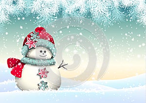 Cute snowman with in winter landscape