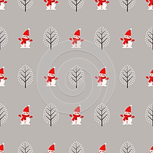 Cute snowman and winter tree seamless pattern on grey background.