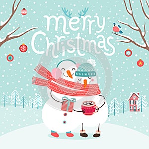 Cute snowmen couple hugging. Merry Christmas card