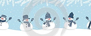 Cute snowmen have fun in winter holidays. Seamless border. Christmas background on blue. Snowmen in blue winter clothes