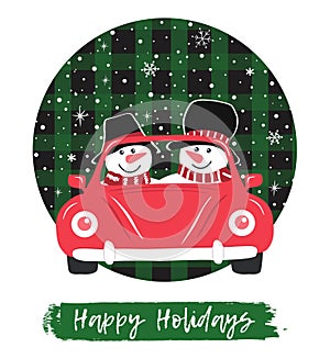 Cute snowmen in red car. Christmas Greeting card template. Two snowmen in black hats, red scarves