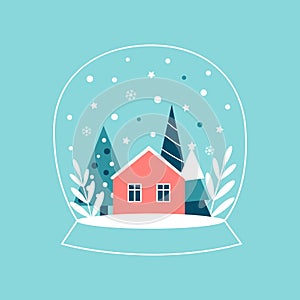 Cute snowy globe with a winter forest landscape and a house