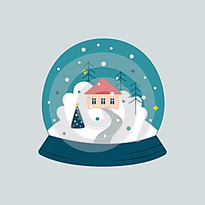 Cute snowy globe with a winter forest landscape, a house and a road