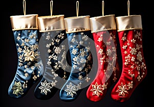 Cute socks for placing Christmas gifts, isolated on dark background. AI generated