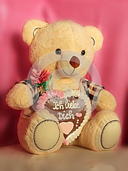 Cute soft teddy bear with gingerbread heart