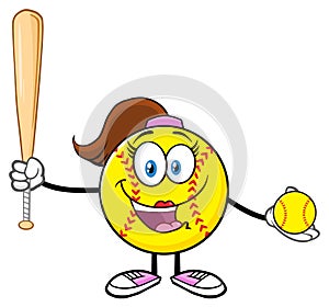 Cute Softball Girl Cartoon Character Holding A Bat And Ball