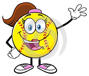 Cute Softball Girl Cartoon Character Waving For Greeting