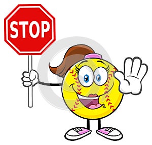 Cute Softball Girl Cartoon Mascot Character Gesturing And Holding A Stop Sign