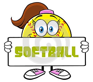 Cute Softball Girl Cartoon Mascot Character Holding A Sign