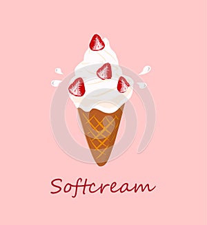 Softcream strawberries vector with pink background .