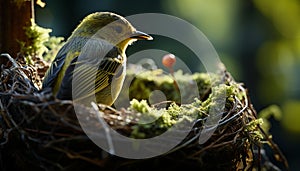 Cute songbird perching on branch, feeding in green forest generated by AI
