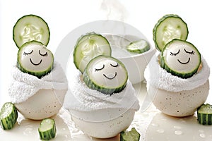 Cute spa-themed eggs with cucumber slices and smiling faces photo