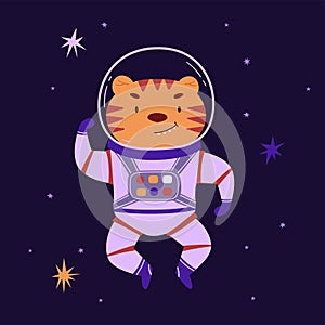 Cute space animal vector illustration. Brave tiger astronaut in outer space, cartoon animal. Little explorer universe