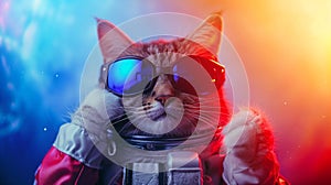 Cute space cat dressed in astronaut suit with sunglasses in studio with a colorful. AI Generative