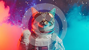 Cute space cat dressed in astronaut suit with sunglasses in studio with a colorful. AI Generative