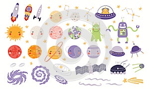 Cute space clipart set, planets, spaceship, aliens