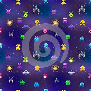 Cute space invaders in pixel art style on deep space background, seamless pattern