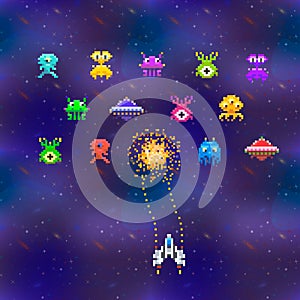 Cute space invaders in pixel art style on deep space background, vintage gamescreen