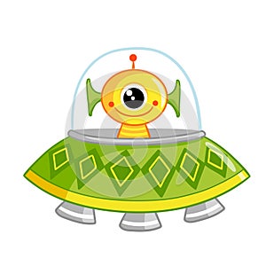 Cute space monster sitting in a flying saucer. The newcomer on a white background in a spaceship