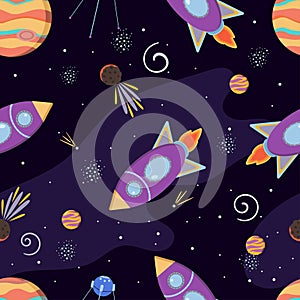 Cute space pattern in cartoon style. Spaceship, asteroids, stars and planets. Cosmic illustration design. Vector