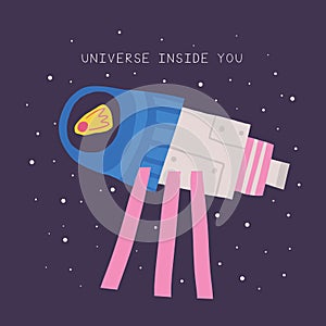 Cute space postcard with telescope