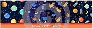 Cute space seamless pattern set, cartoon rocket, cat in astronaut suit, stars planet