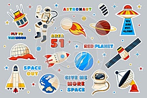 Cute space stickers. Spaceship and alien. Astronaut boy explore, rocket and planet, ship in cosmos, galaxy and stars