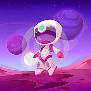 Cute spaceman jump on alien planet ground