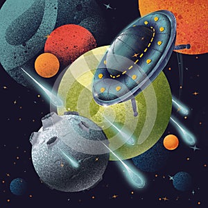Cute spaceship illustration in space. Digital illustration for postcards, postres, patterns, backgrounds. photo