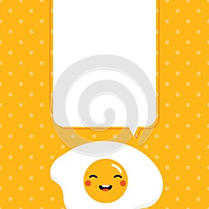 Cute speaking cartoon style fried egg character with blank, empty speech bubble for message, information design