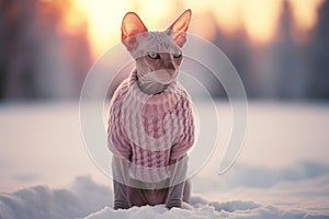 Cute sphynx cat wearing cozy warm sweater taking a walk in snowy winter park. Dressed up pet in cold environment. Taking care for