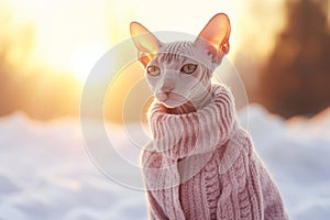 Cute sphynx cat wearing cozy warm sweater taking a walk in snowy winter park. Dressed up pet in cold environment. Taking care for