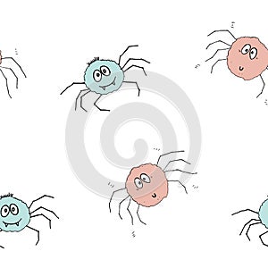 Cute Spider Seamless Pattern, Cartoon Hand Drawn Spider Doodles Vector Background Illustration