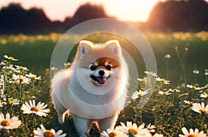 Cute spitz puppy on green lawn with daisies at sunset. Sweet dog with fluffy fur on green grass with wild flowers