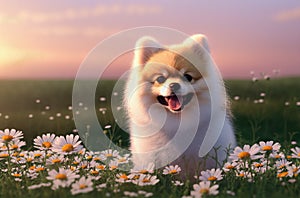 Cute spitz puppy on green lawn with daisies at sunset. Sweet dog with fluffy fur on green grass with wild flowers