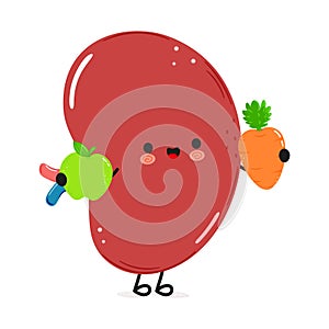 Cute Spleen organ with carrot, apple. Vector hand drawn doodle style cartoon character illustration icon design. Card