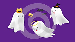 Cute spooky ghosts for halloween party greeting card. Holidays cartoon character.