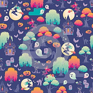 Cute Spooky Halloween Forest in lilac, green and reddish colors on purple background