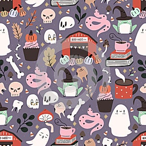 Cute and spooky illustrated halloween pattern. Seamleass repeated background.