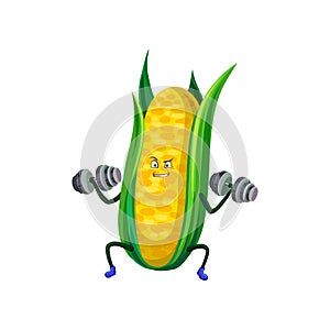 Cute sportive funny corncob exercising with dumbbells, vegetable character doing sport cartoon vector Illustration